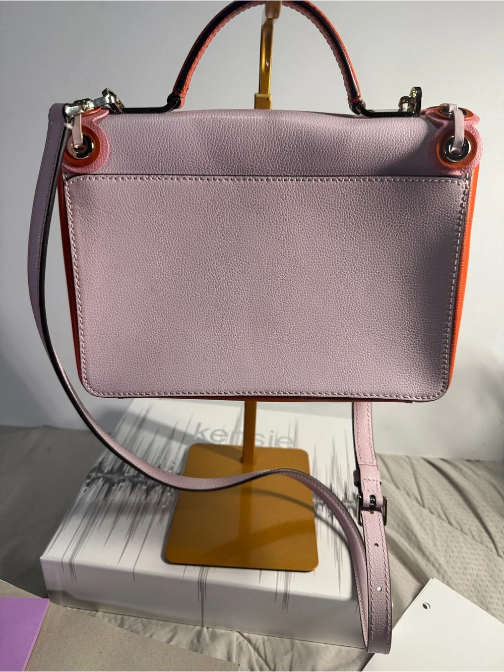 kate spade Pink Leather Scalloped Trim Crossbody with orange accents and strap